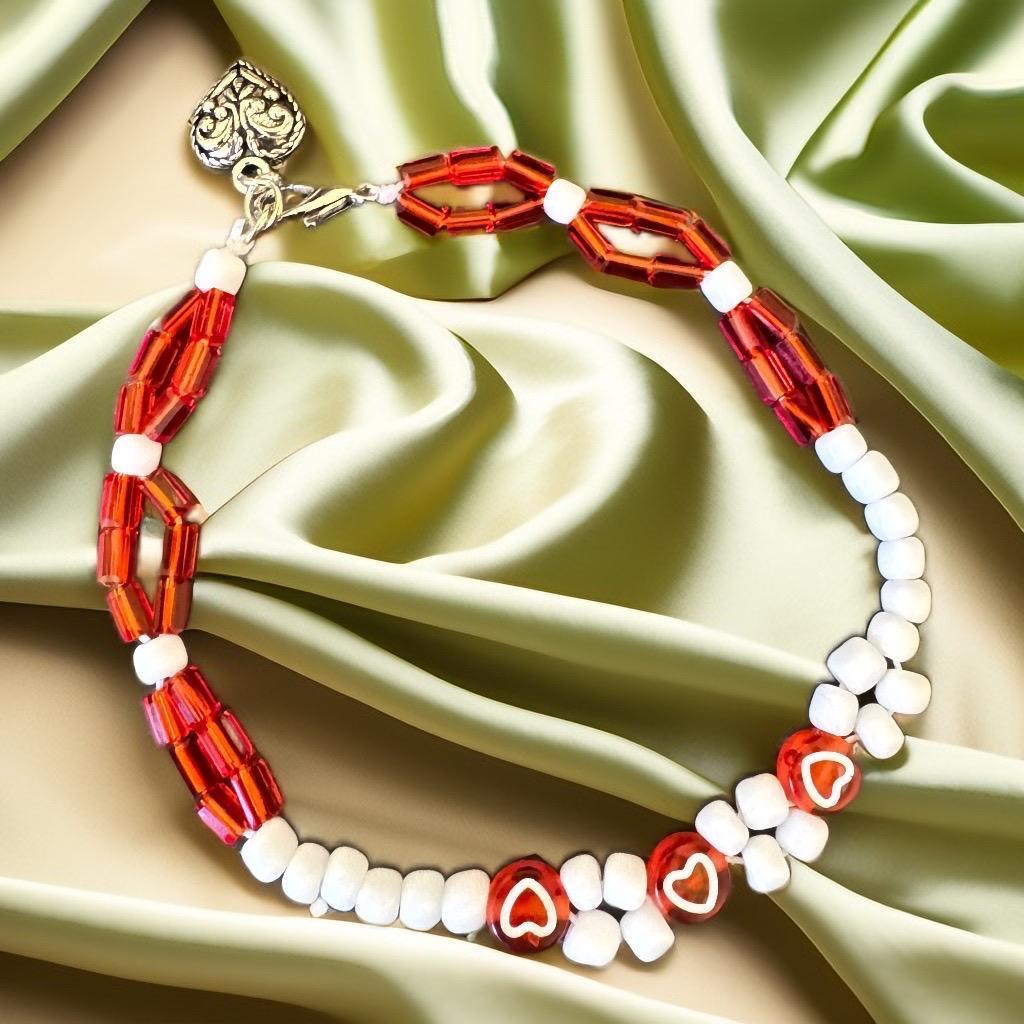 Red and White Beaded Bracelet with Heart Charm - GalaxyArtWork