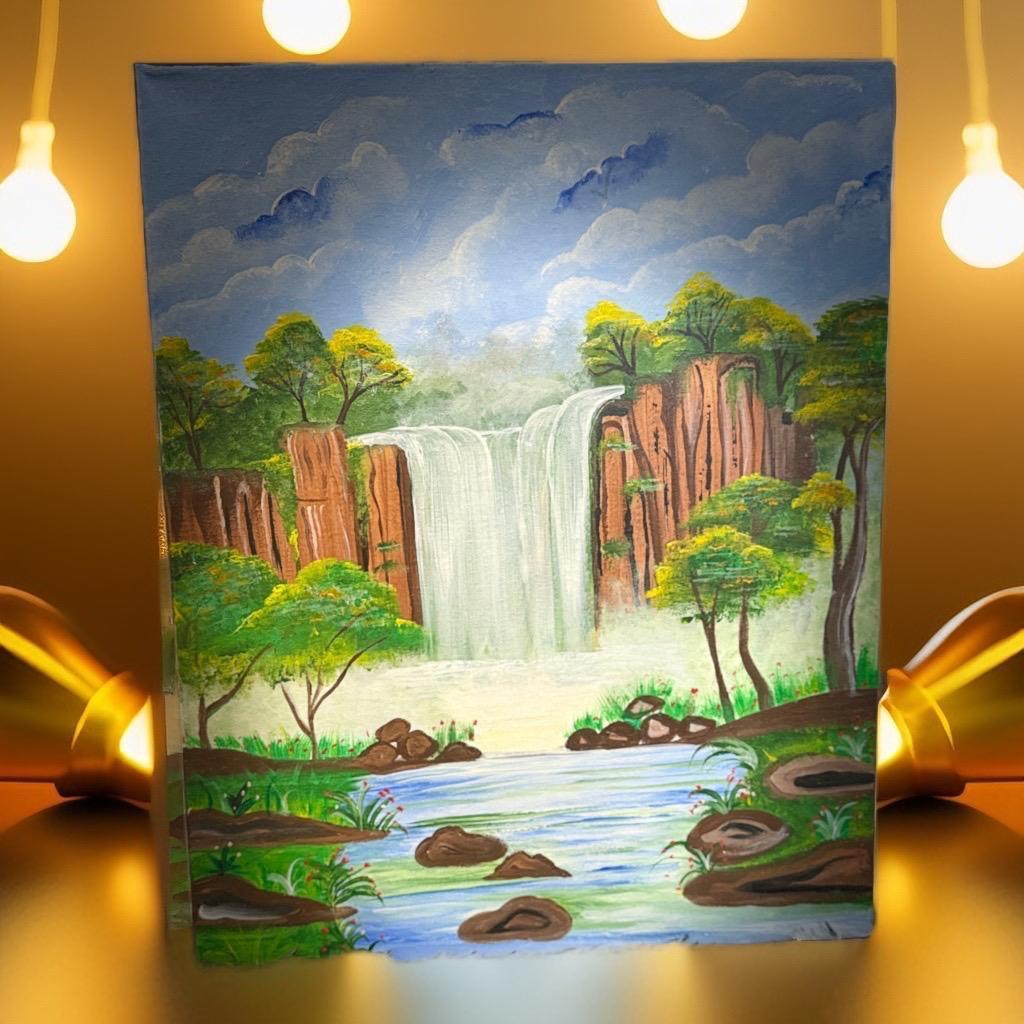 Handmade painting on canvas featuring a serene waterfall and lush greenery – perfect for living room or bedroom wall decor