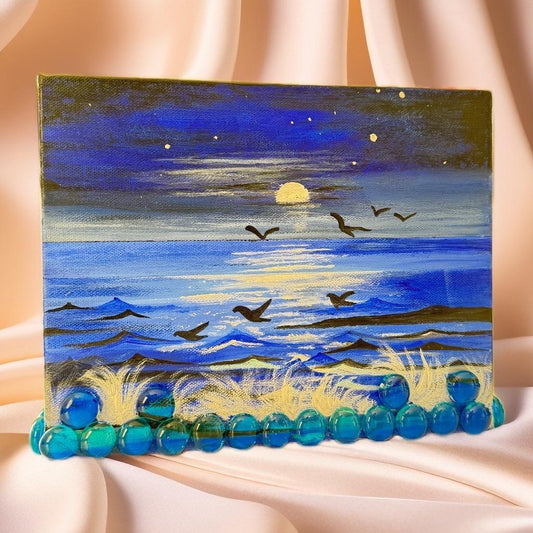Hand-painted moonlit ocean canvas art with glowing moon, waves, birds, and 3D glass beads – handmade painting for bedroom or coastal home décor.