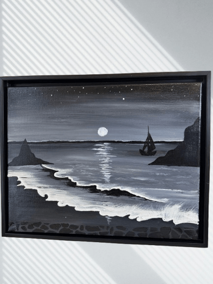 Eternal Moonlit Tides – Framed Monochrome Ocean Landscape Wall Art (11x14 Inches) - GalaxyArtWork