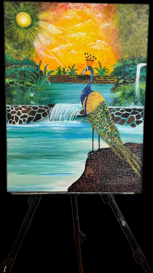 Majestic Peacock by the Waterfall – Nature’s Vibrant Elegance