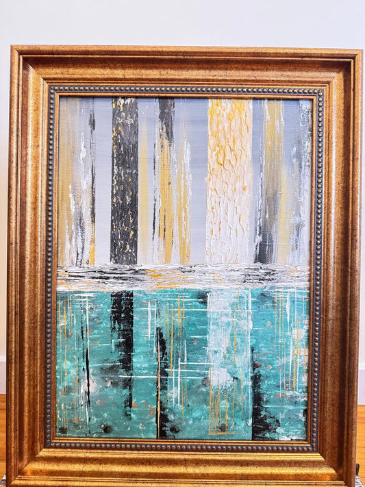 Elegant Textured Abstract Art – Gold, Black & Turquoise Reflection