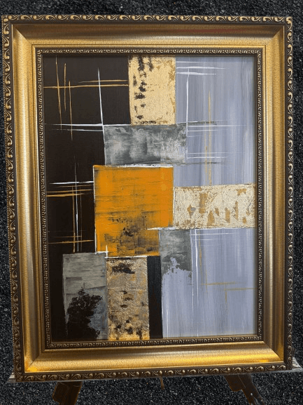Golden Grid: Urban Harmony – Textured Abstract Cityscape with Gold Frame