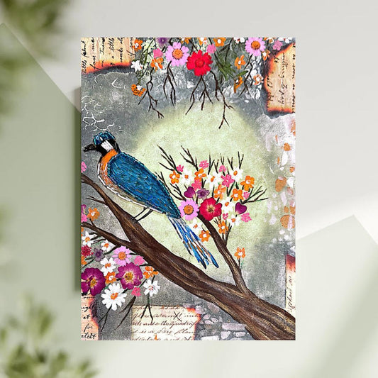 Artistic depiction of a blue bird on a branch with flowers and text