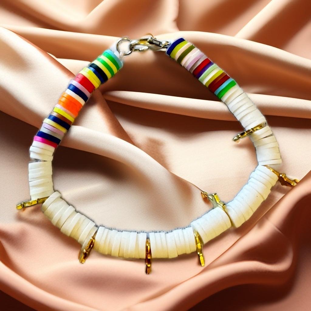 "Vibrant Multicolor Heishi Necklace with Gold Accents" - GalaxyArtWork