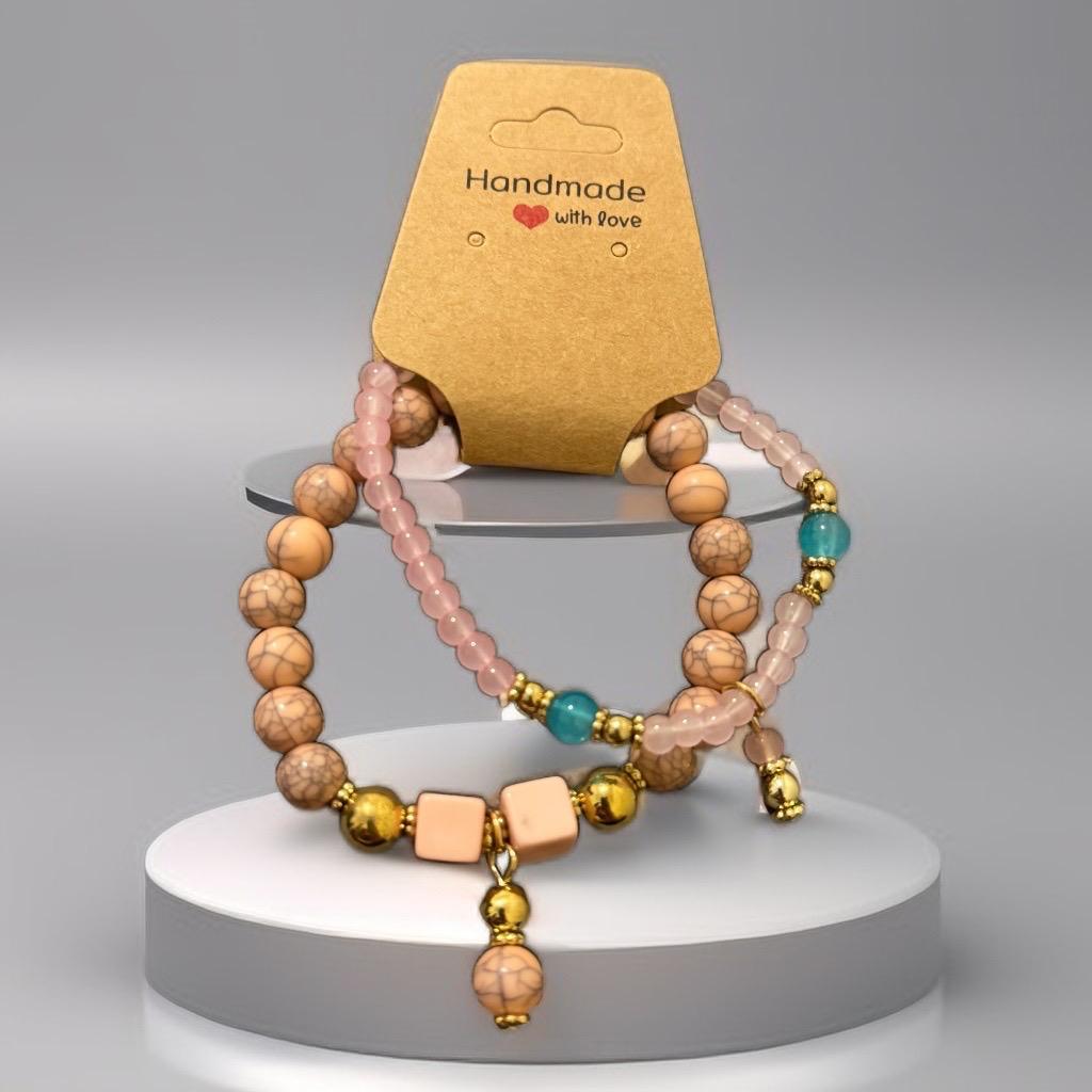 Elegant Peach & Gold Beaded Bracelet Set – Serenity Collection