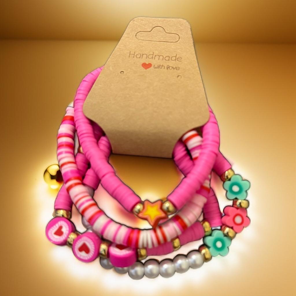 Handmade Pink Blossom Beaded Bracelets - Floral & Heart Charm Set