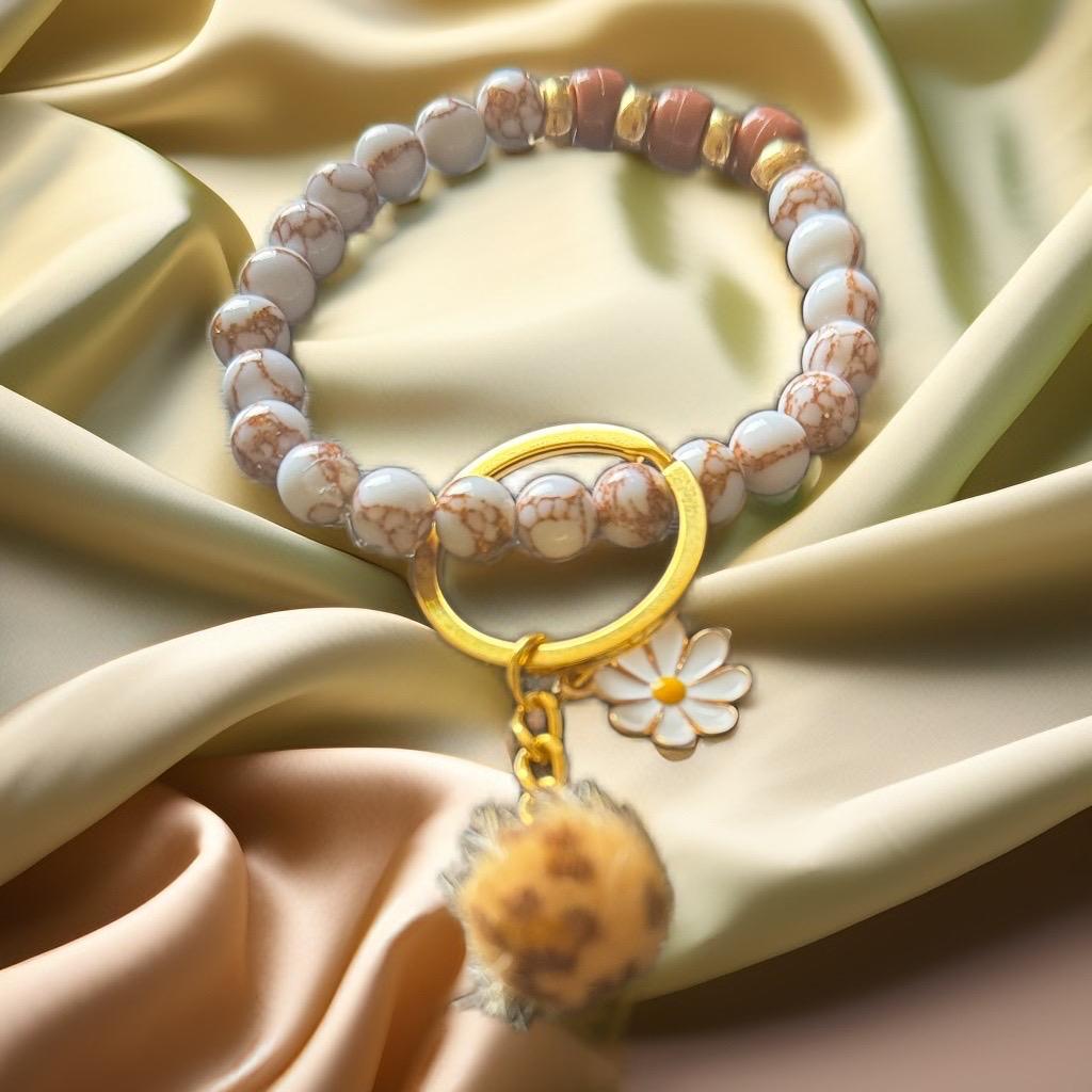 Marble Beaded Keychain Bracelet with Daisy Charm and Pom Pom - GalaxyArtWork