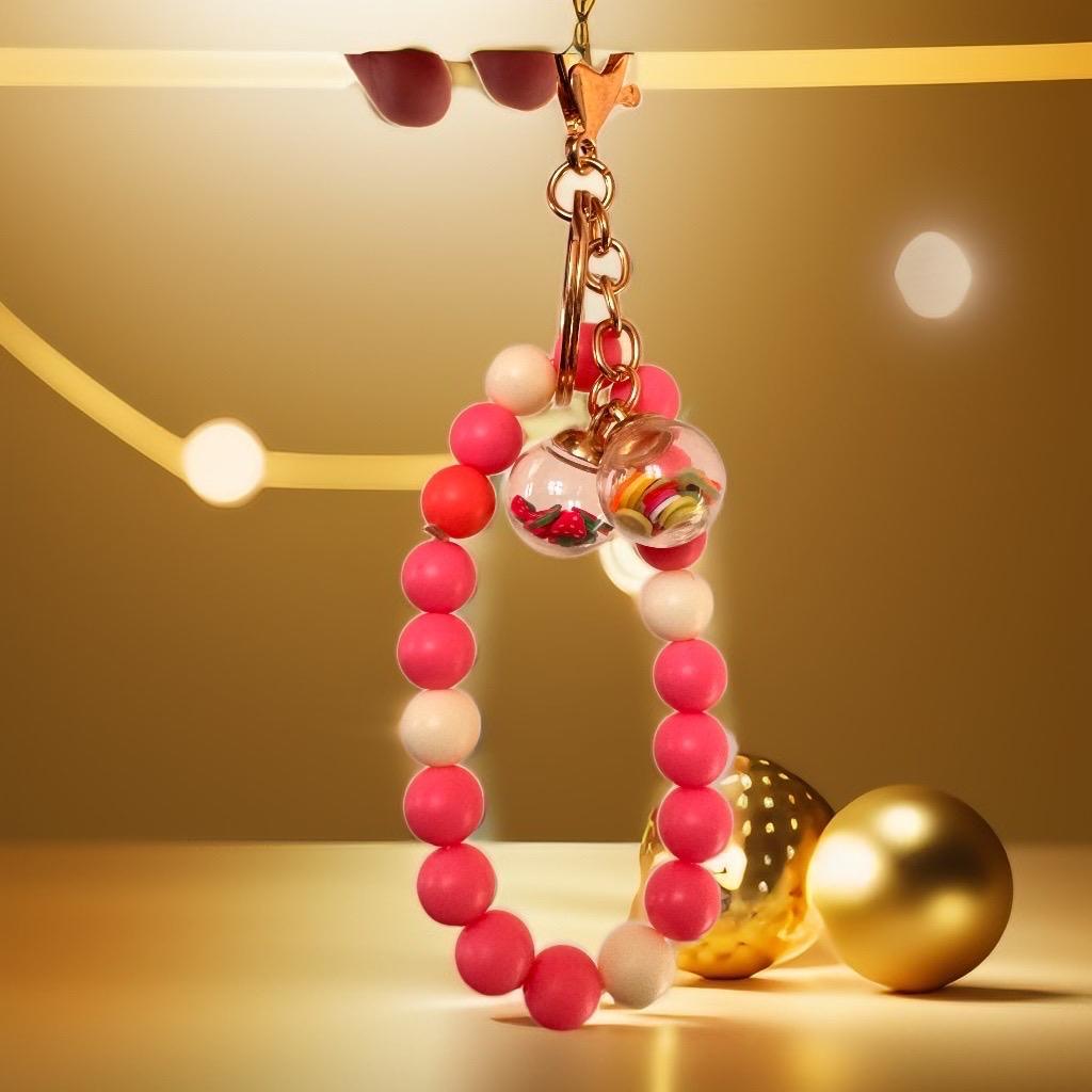 Pink and White Beaded Keychain Bracelet with Fun Globe Charms - GalaxyArtWork