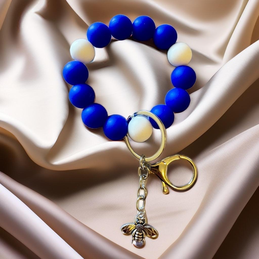 Royal Blue Beaded Bracelet Keychain with Bee Charm - GalaxyArtWork