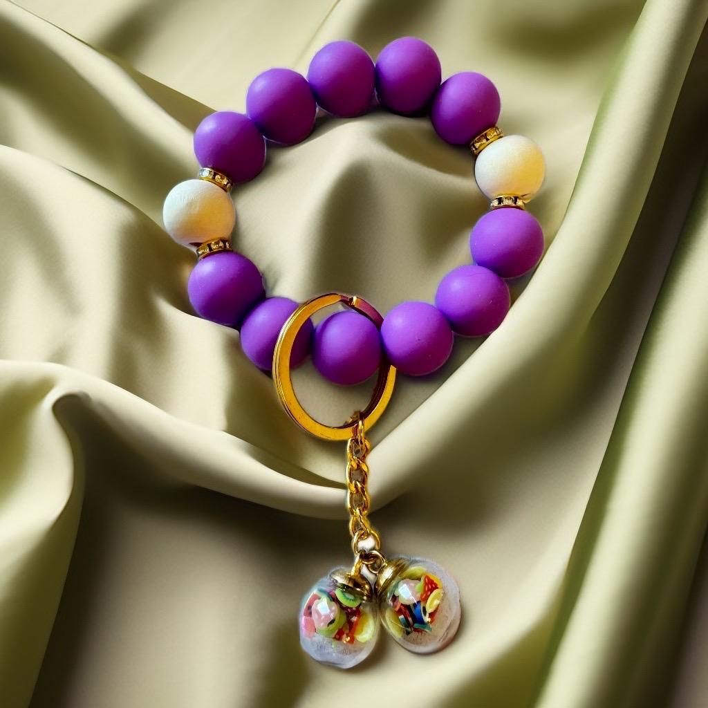Elegant Purple Beaded Bracelet Keychain with Colorful Charm - GalaxyArtWork