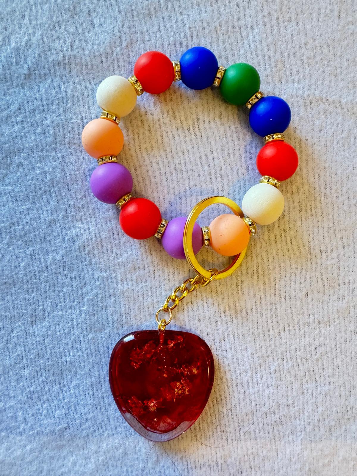 Multicolor Beaded Bracelet with Red Heart Charm - GalaxyArtWork