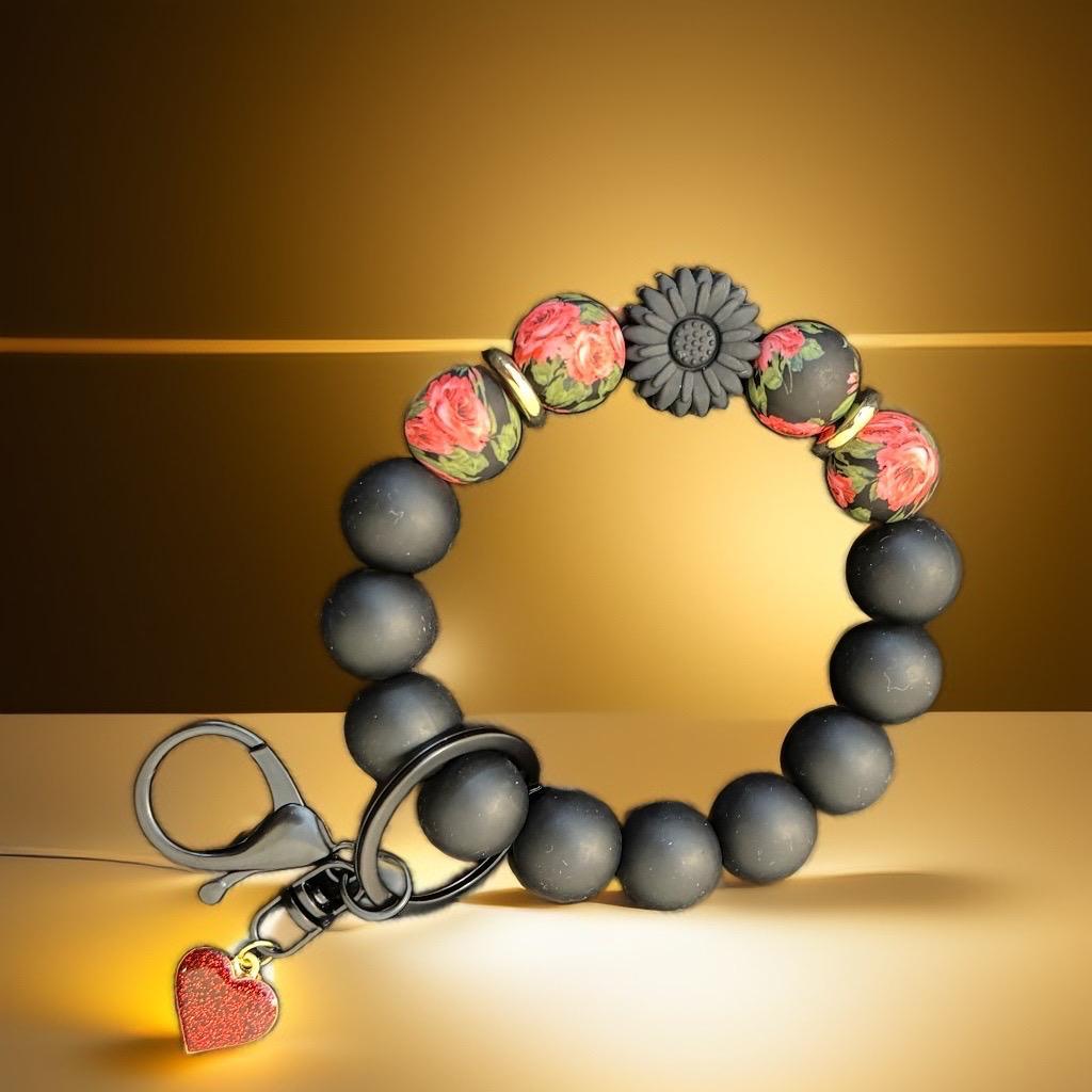 Elegant Black Rose Keychain Bracelet - Bold & Stylish