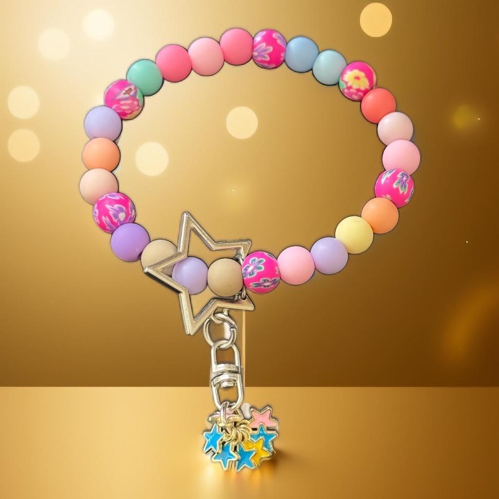 Rainbow Pastel Beaded Wristlet Keychain with Star Charms – Multicolor Floral Accent