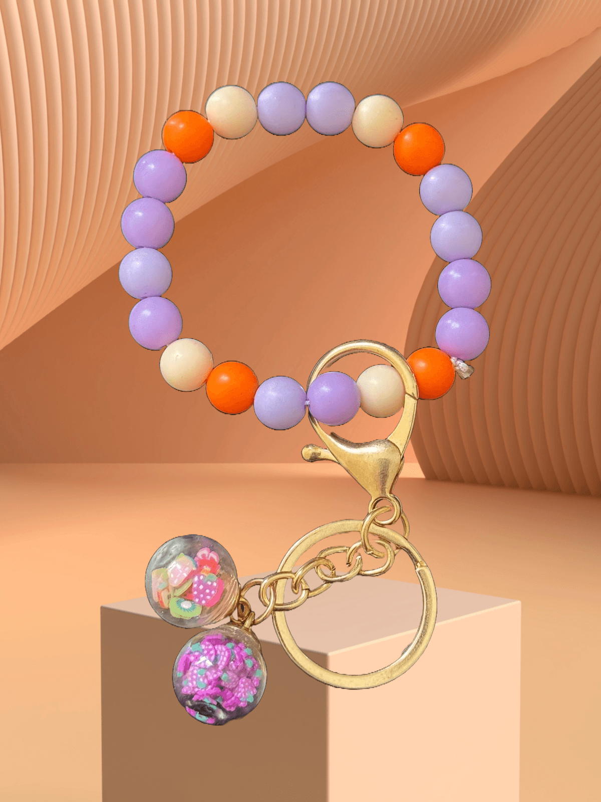 Sunset Dreams Keychain – Handmade Pastel Beaded Charm with Fruit & Floral Globes