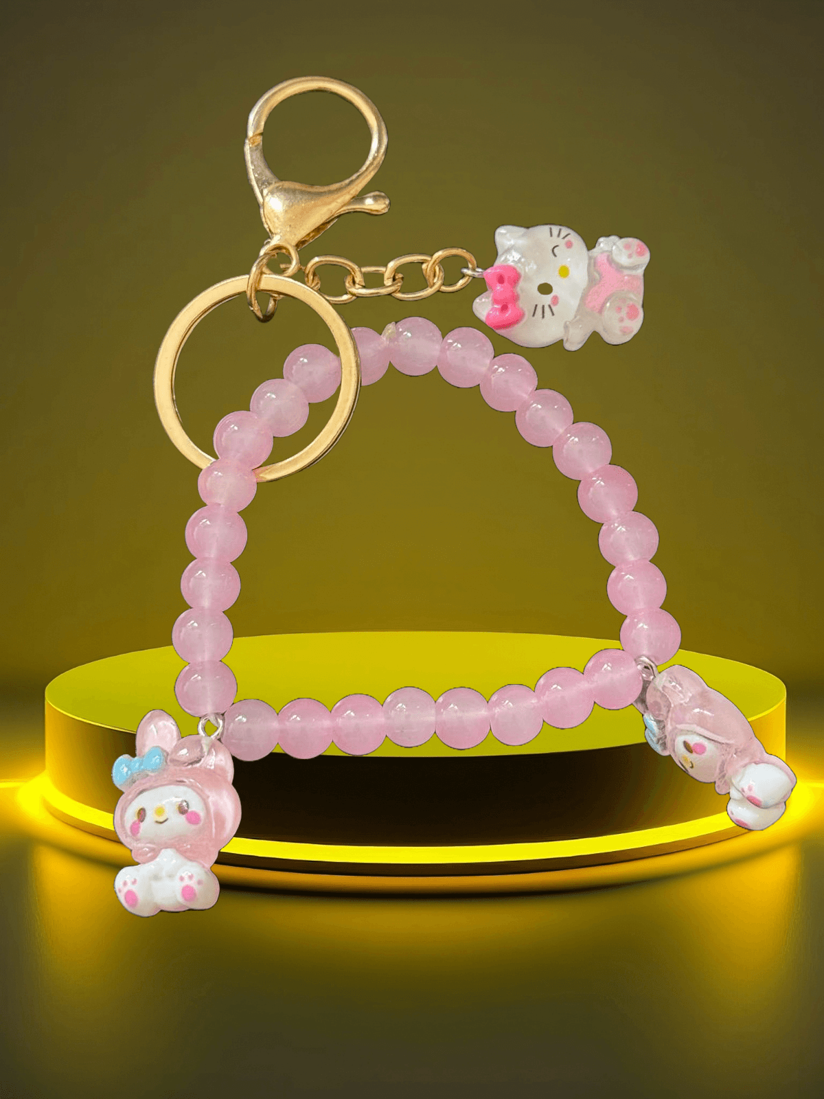 Sweet Kitty Keychain – Pastel Pink Beads with Cute Cat & Bunny Charms