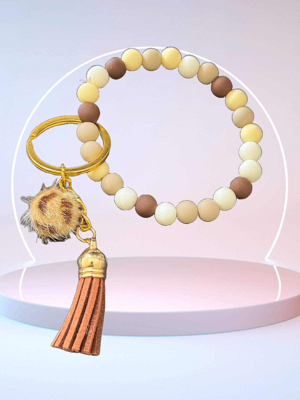 Coffee Caramel Beaded Wristlet Keychain – Neutral Tones with Faux Fur & Tassel Charm