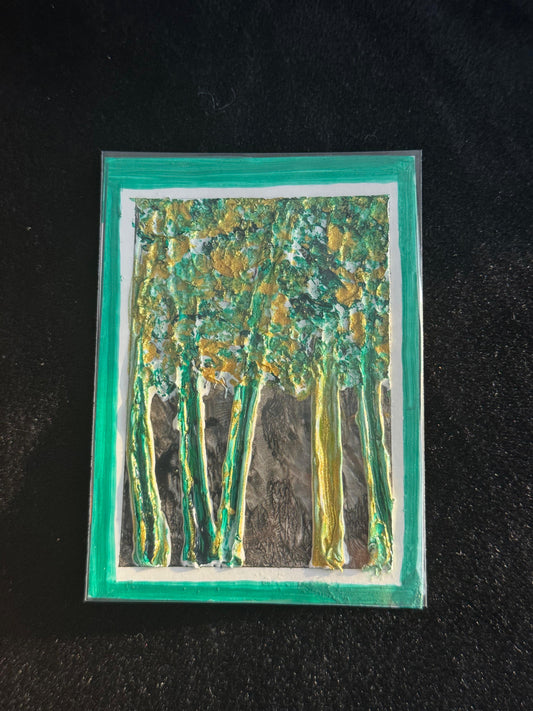 Textured bamboo forest ACEO with green and gold highlights, shimmering abstract effect, and bold vertical stalks.