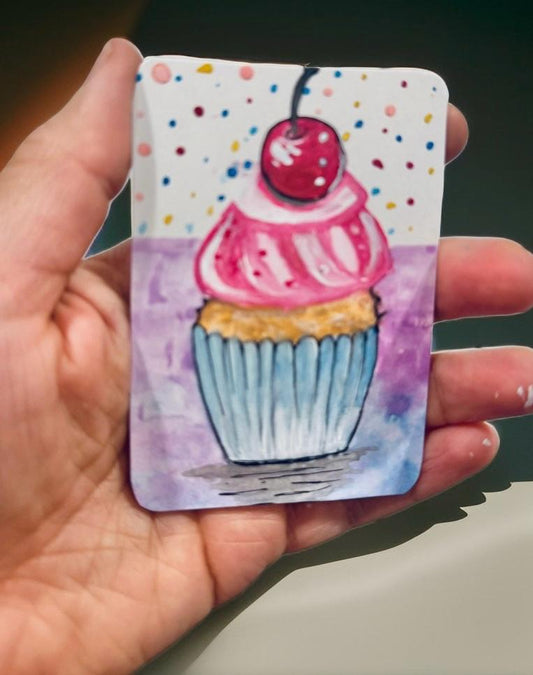 Hand-painted ACEO card of cupcake with pink frosting, cherry, and sprinkles.