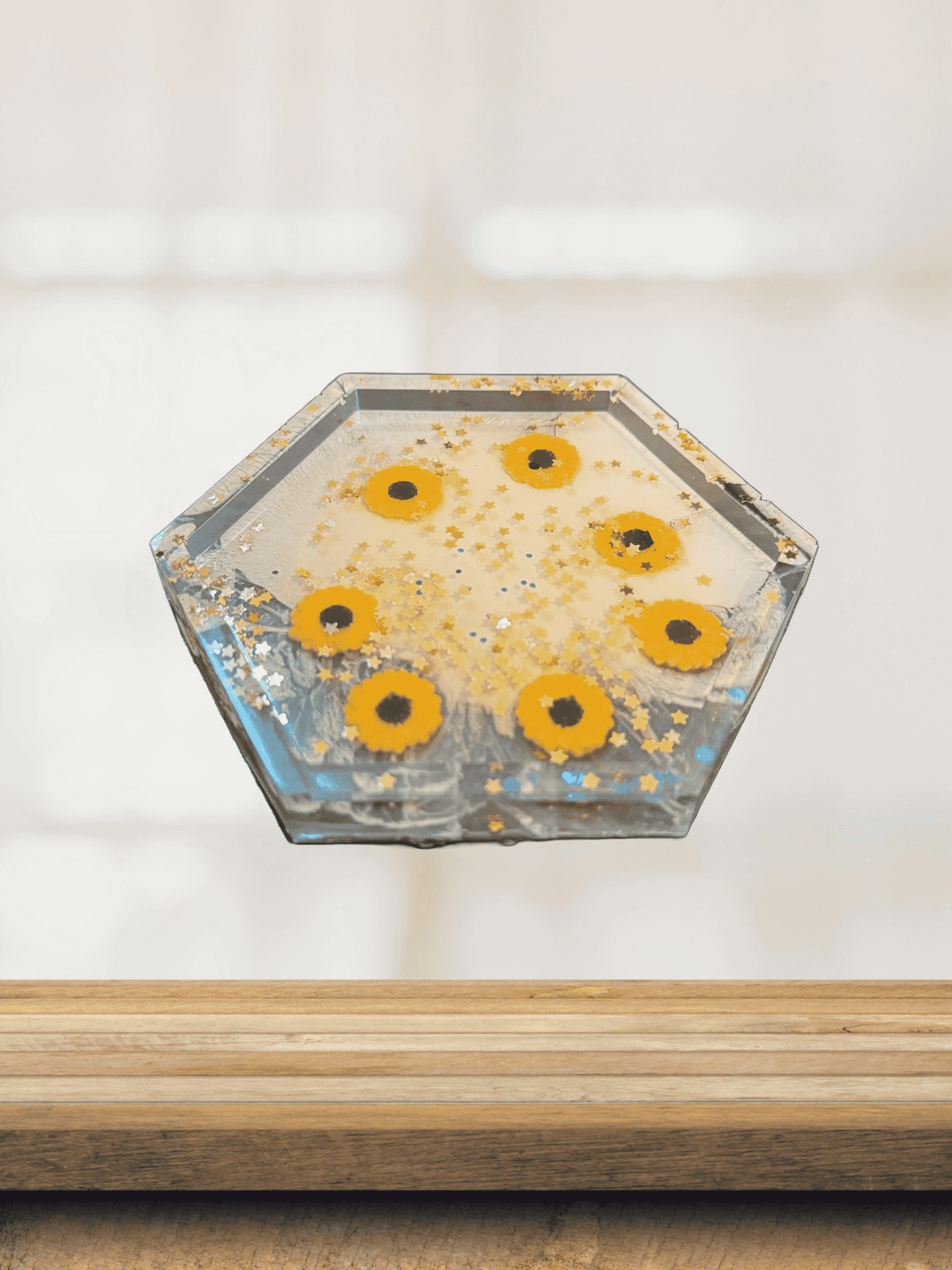 Golden Bloom Hex Tray – Handmade Floral Resin Craft