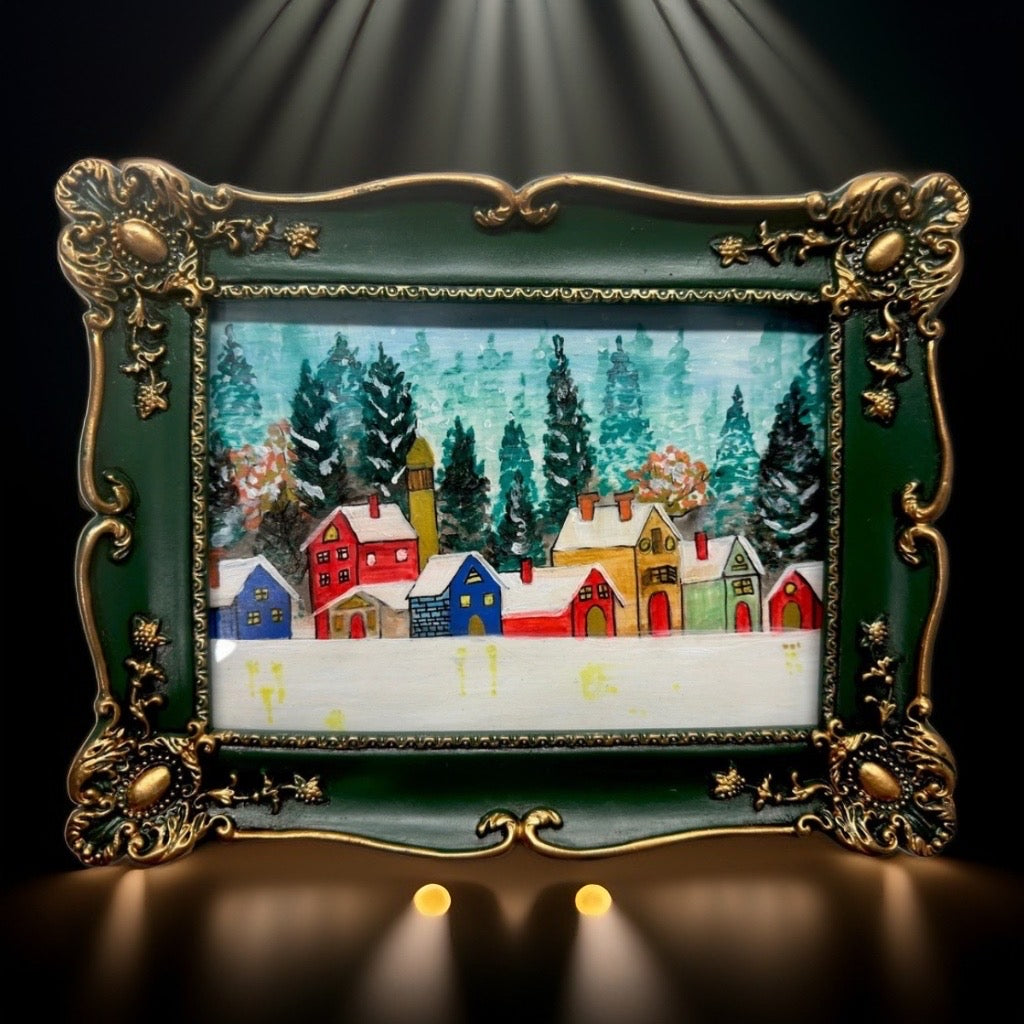 Decorative framed original painting of a snowy village scene with ornate gold and green frame.