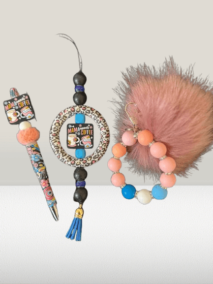 Coffee Vibes with Mom – Handmade Sunset Bead Pen, Wristlet & Puff Set