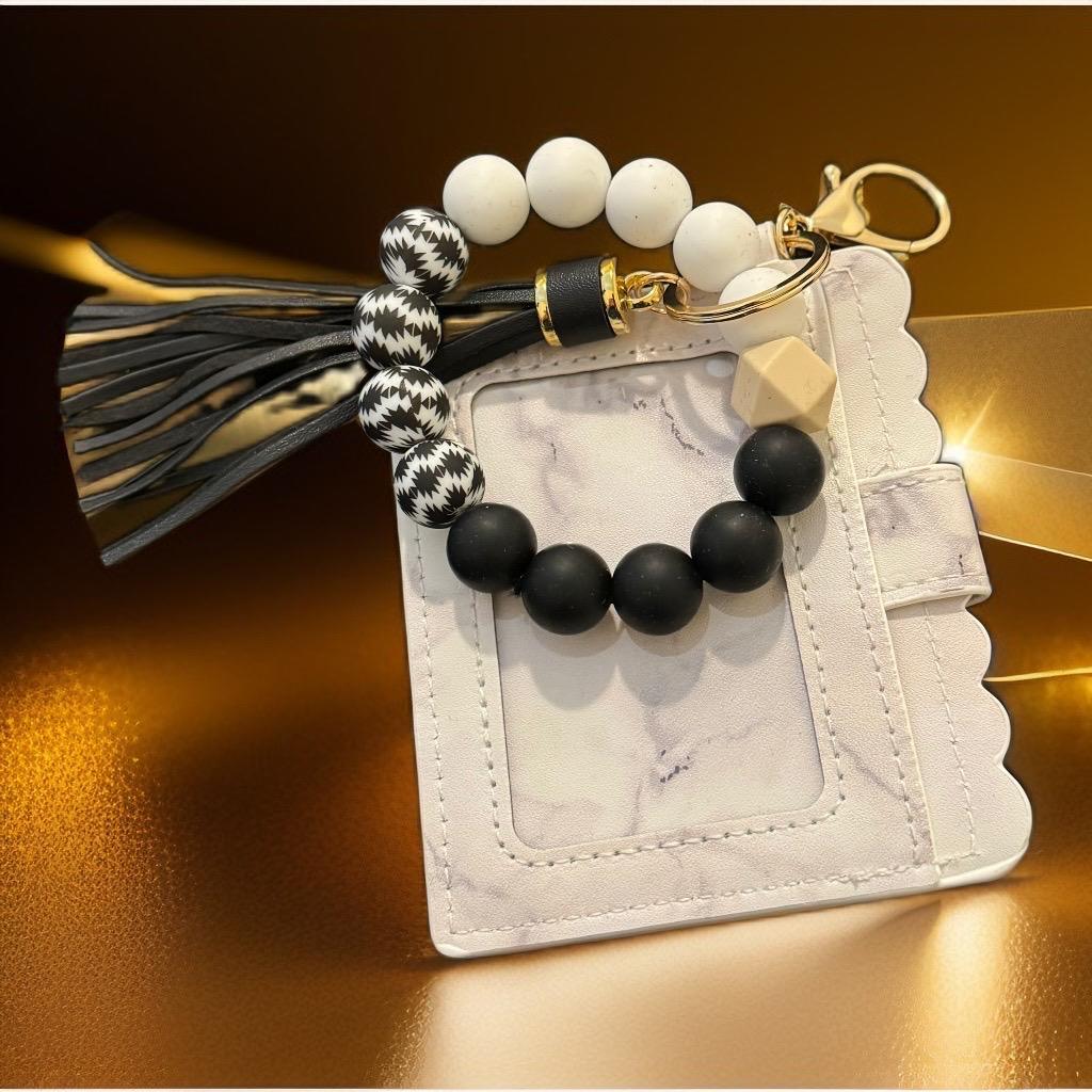 Marble Chic Wallet & Beaded Keychain Set – Black & White Luxury Collection