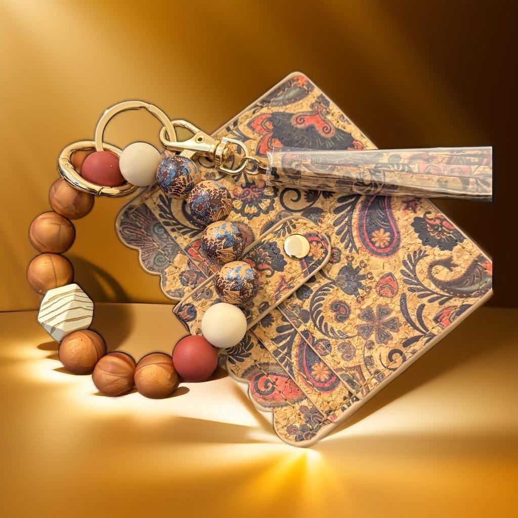 Vintage Elegance Wallet & Beaded Keychain Set – Classic Boho Collection