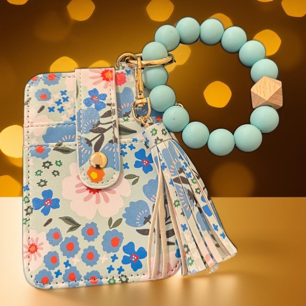 Blue Blossom Wallet & Beaded Keychain Set – Floral Bliss Collection