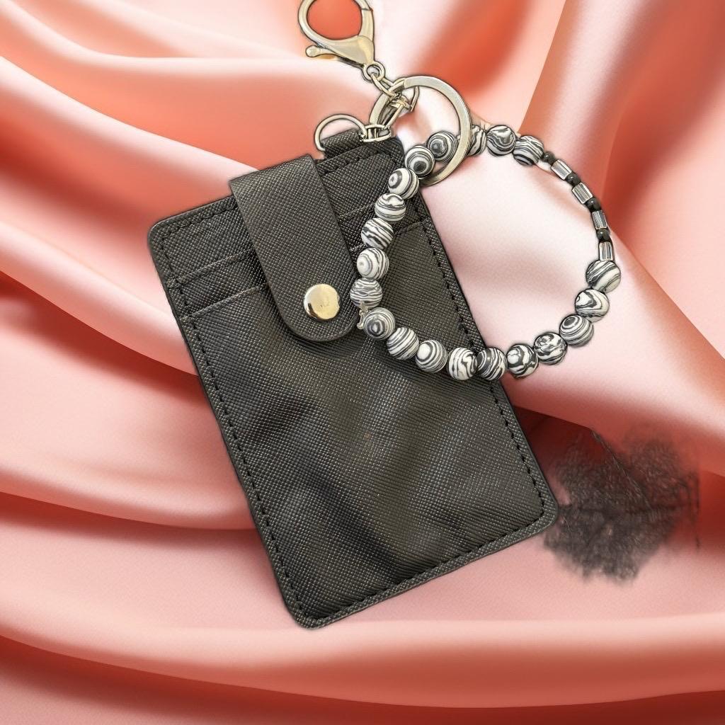 Black Marble ID Wallet & Bracelet Keychain Set – Sophisticated Style