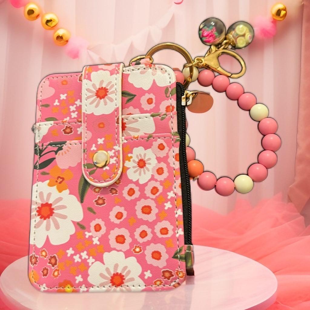 Pink Floral Wallet & Beaded Keychain – Elegant & Playful