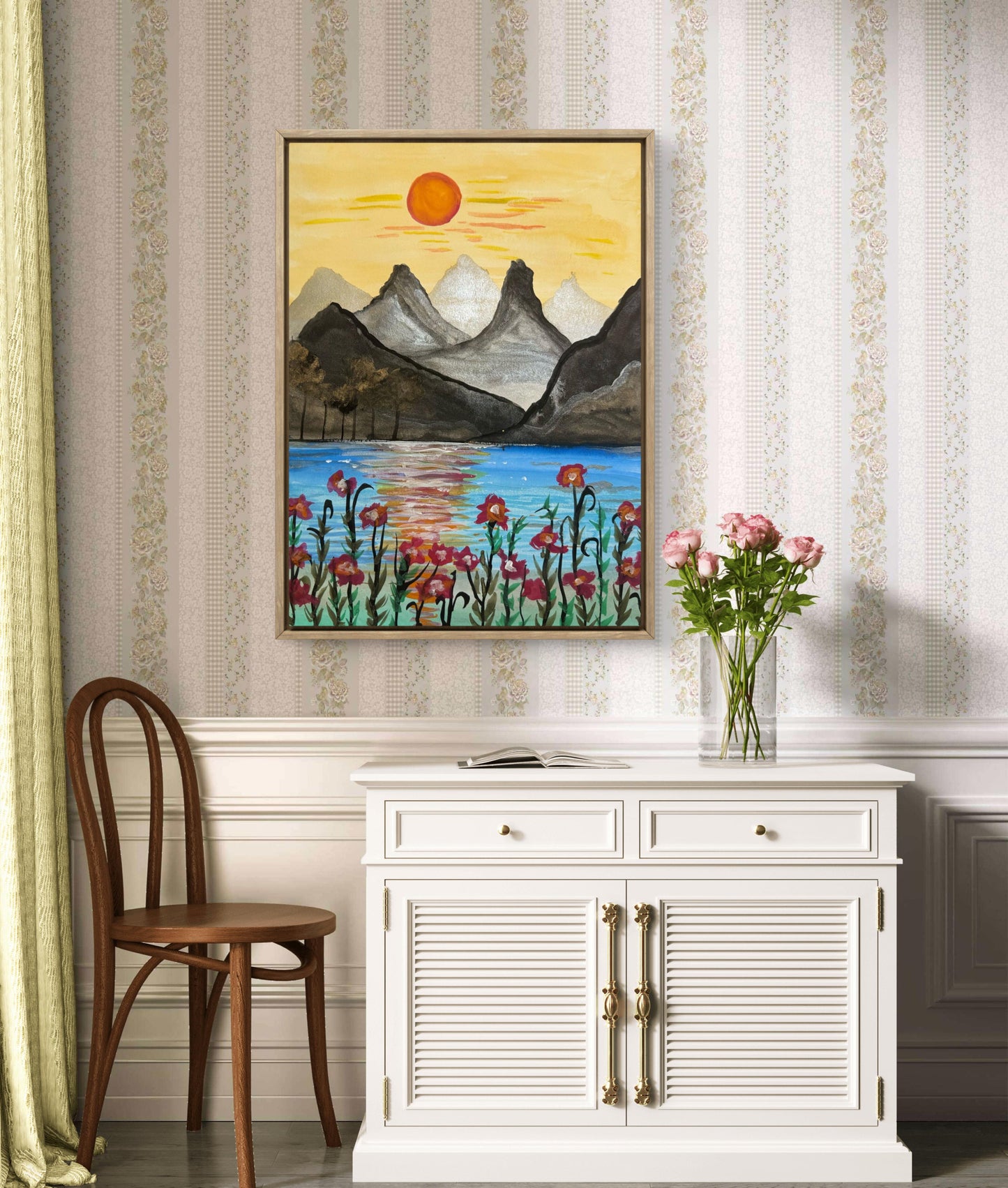Original Painting – Mountain Sunset Landscape with Floral Foreground