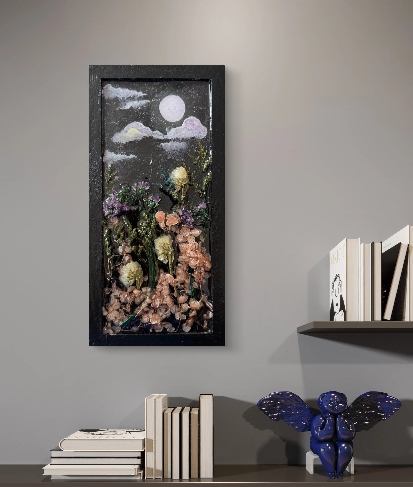moonlit-floral-dreams-handmade-wood-panel-with-resin-art-acrylic-painting-dried-flower-wall-decor-mixed-media-nature-art