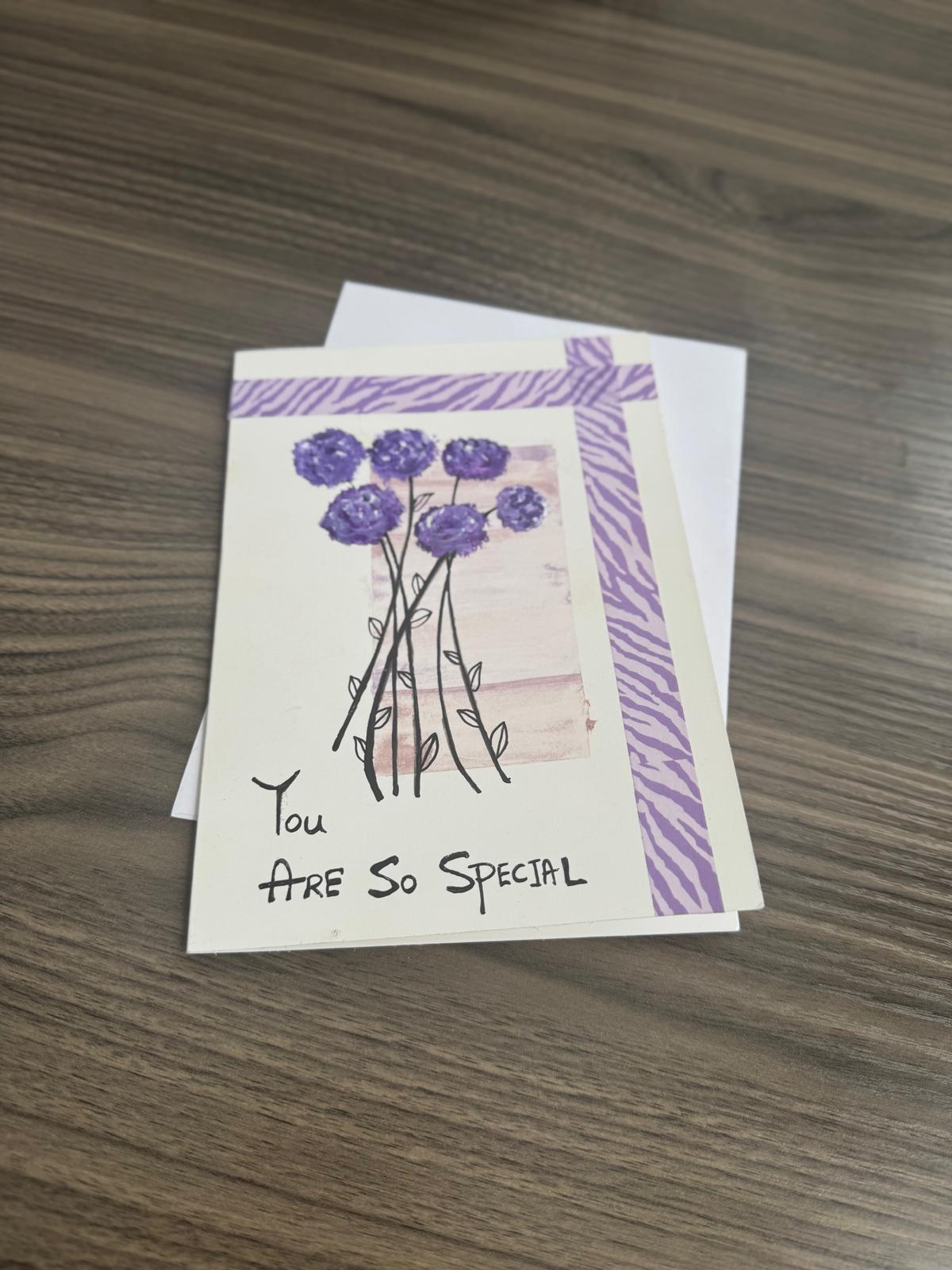 Handmade floral greeting card with purple flowers and You Are So Special text – 5x7 inches, blank inside with envelope.