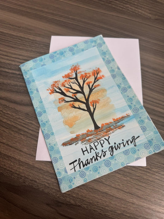 Handmade Thanksgiving greeting card with autumn tree and Happy Thanksgiving text – blank inside with envelope.