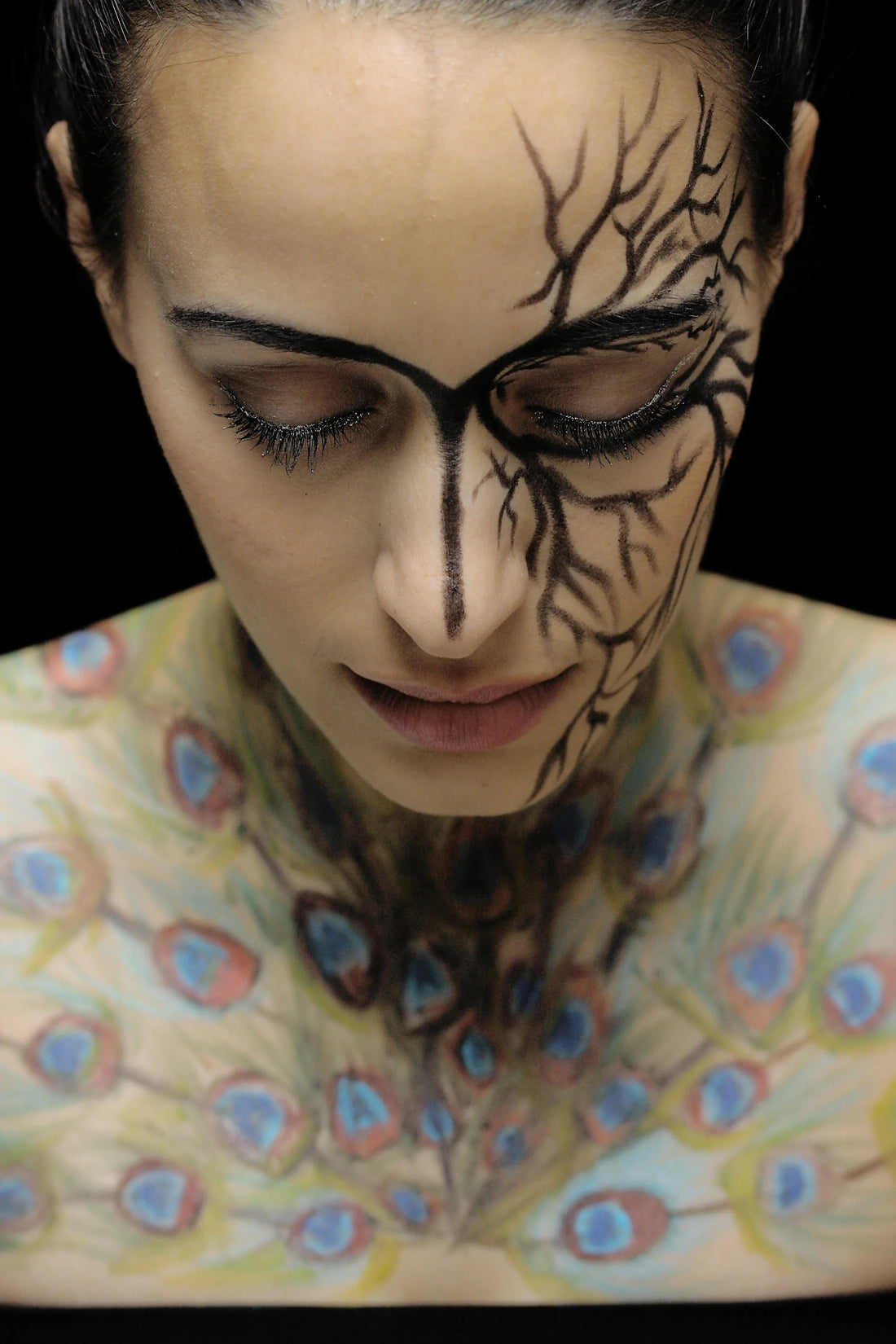 Colorful full-body painting with vibrant artistic patterns and designs