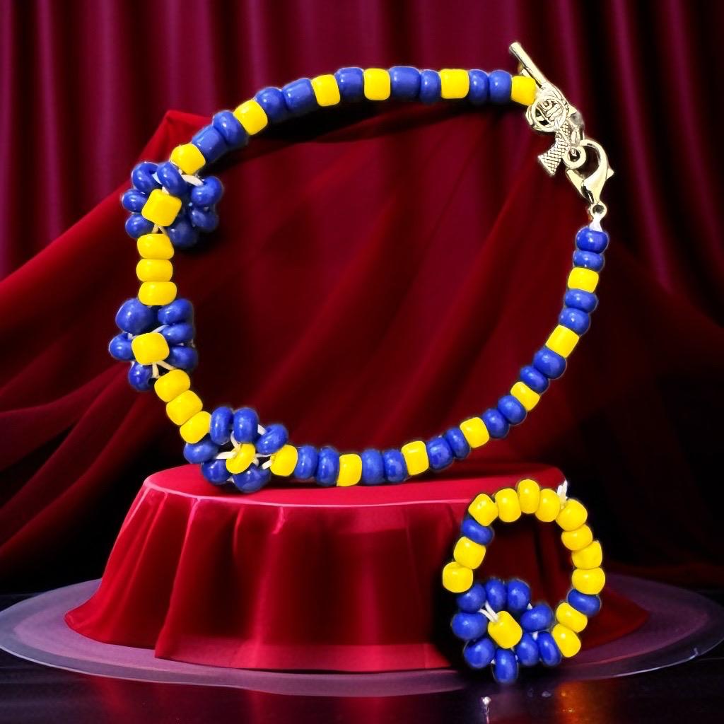 Blue and Yellow Beaded Necklace and Bracelet Set with metal Charm