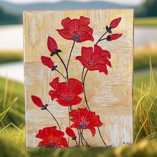 "Blooming Elegance: Crimson Poppies on Golden Canvas"