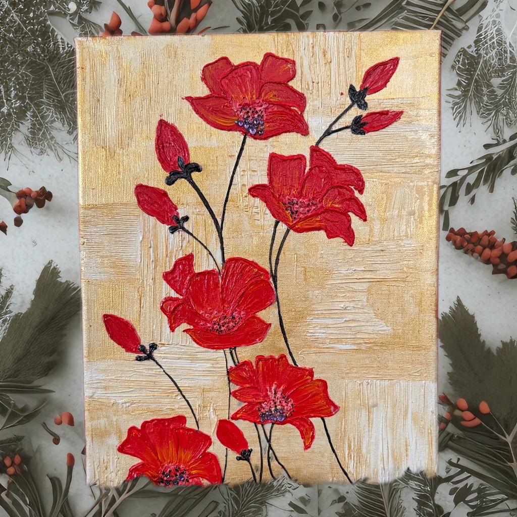 "Blooming Elegance: Crimson Poppies on Golden Canvas"