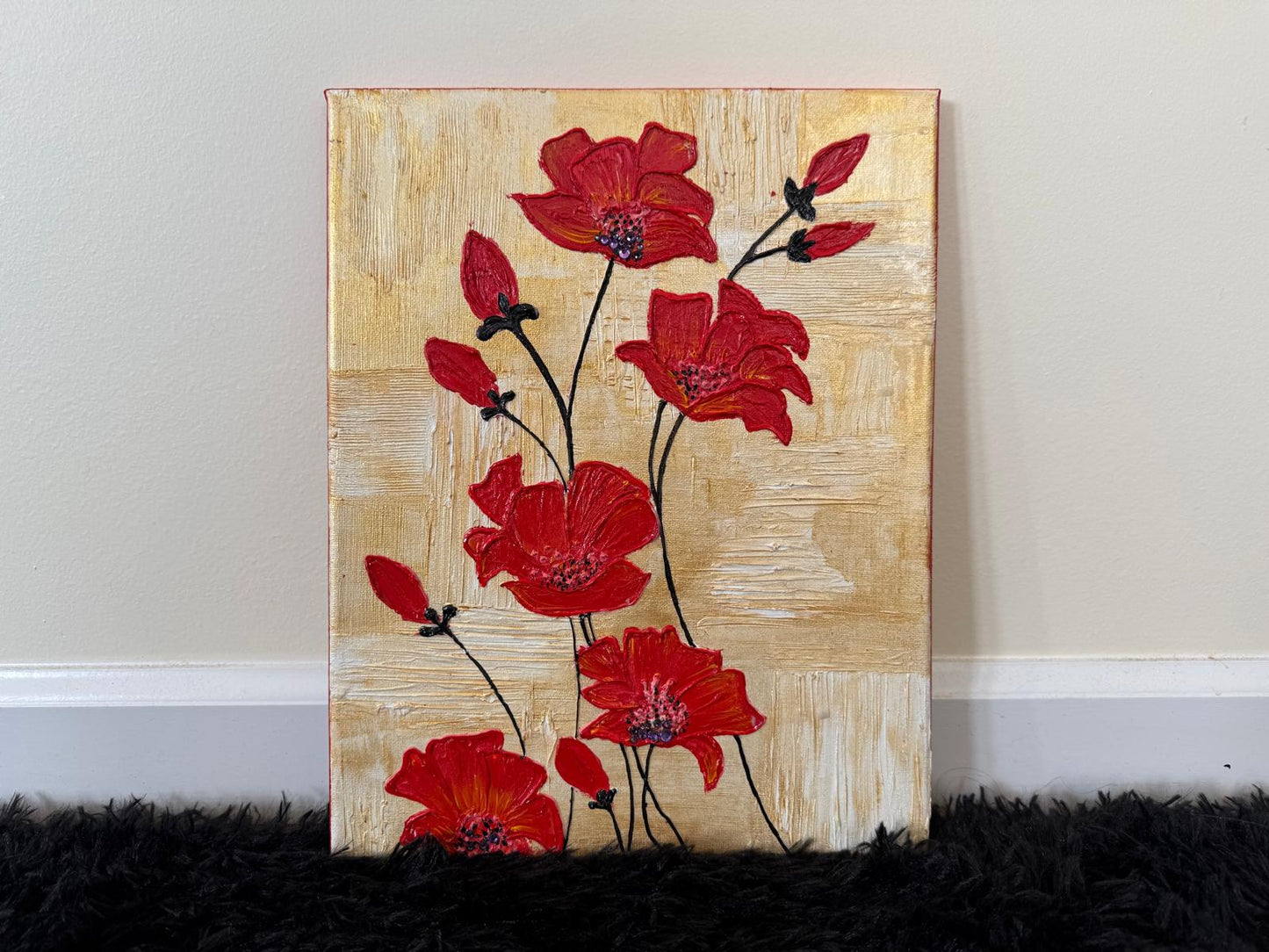 "Blooming Elegance: Crimson Poppies on Golden Canvas"