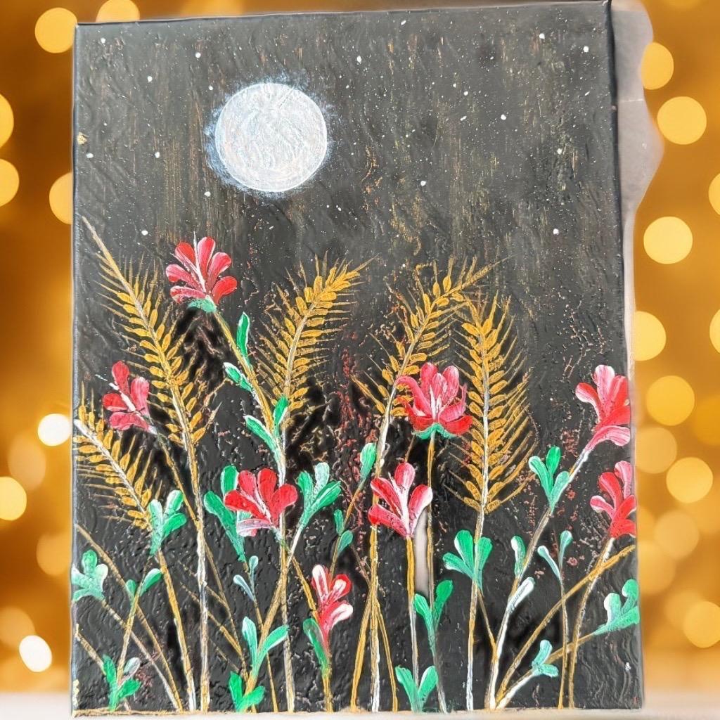 "Moonlit Floral Elegance - Handmade Canvas Art" - GalaxyArtWork