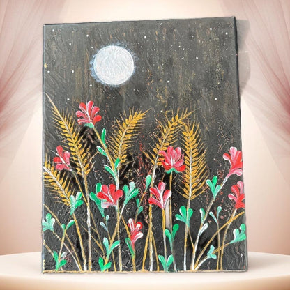 "Moonlit Floral Elegance - Handmade Canvas Art" - GalaxyArtWork