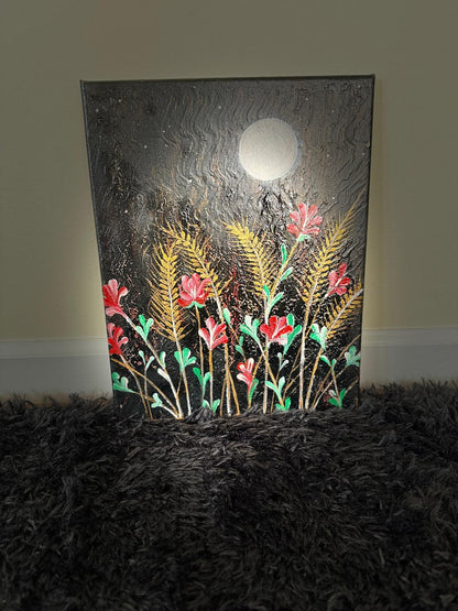 "Moonlit Floral Elegance - Handmade Canvas Art" - GalaxyArtWork