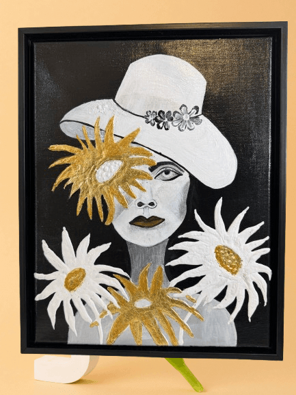 Golden Blossoms Framed Wall Art – Elegant Woman Portrait with Gold Flowers - GalaxyArtWork