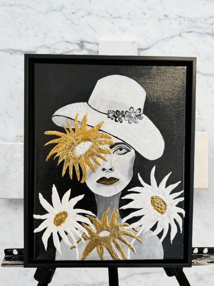 Golden Blossoms Framed Wall Art – Elegant Woman Portrait with Gold Flowers - GalaxyArtWork