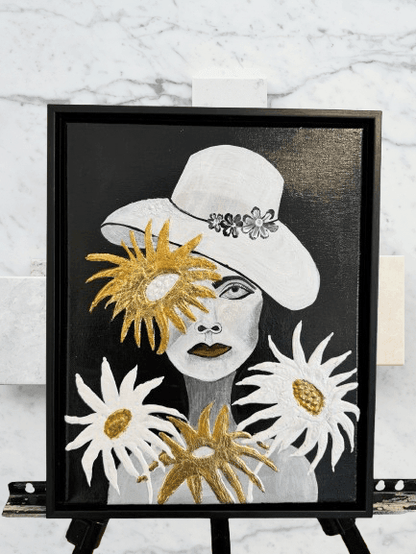 Golden Blossoms Framed Wall Art – Elegant Woman Portrait with Gold Flowers - GalaxyArtWork