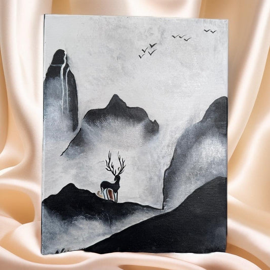 Guardian of the Mist – Monochrome Stag Landscape Painting (14x11 inches) - GalaxyArtWork