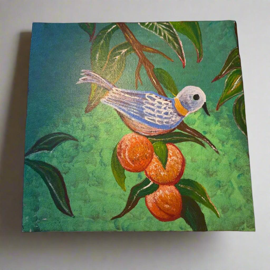 Bluebird's Feast – Lush Garden Painting with Blue Bird and Fruit on Branch - GalaxyArtWork