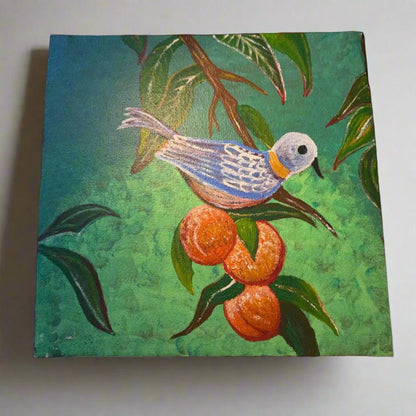 Bluebird's Feast – Lush Garden Painting with Blue Bird and Fruit on Branch - GalaxyArtWork