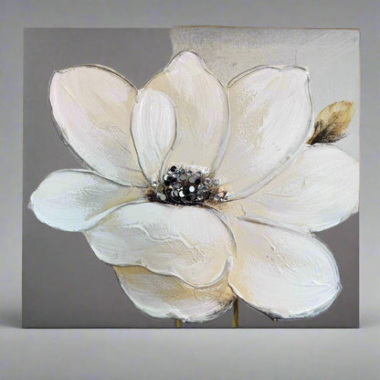 A Blooming Flower – Elegant White Floral Textured Painting on Gray Background - GalaxyArtWork
